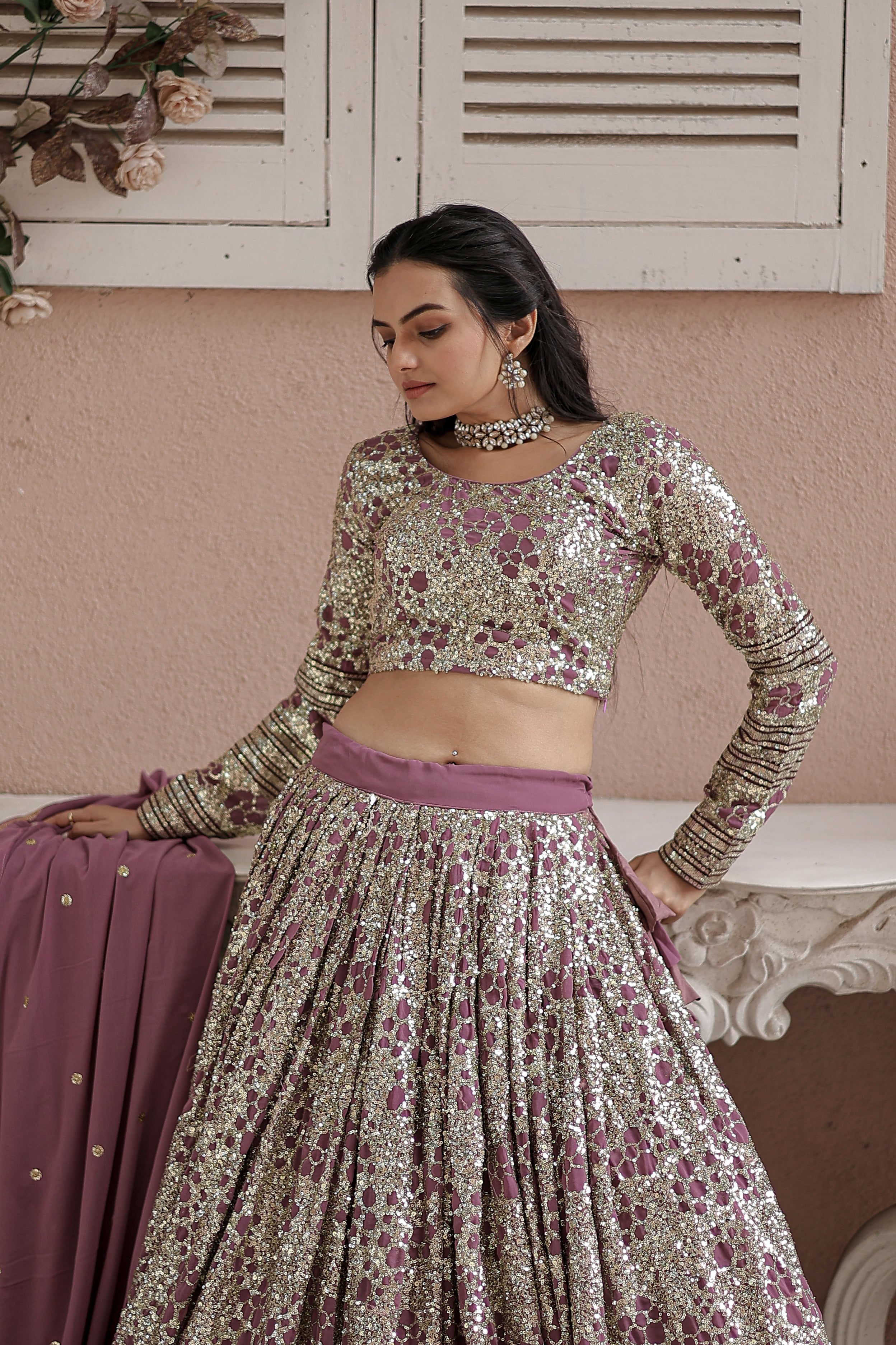 Nakshatra Wine sequined Lehenga