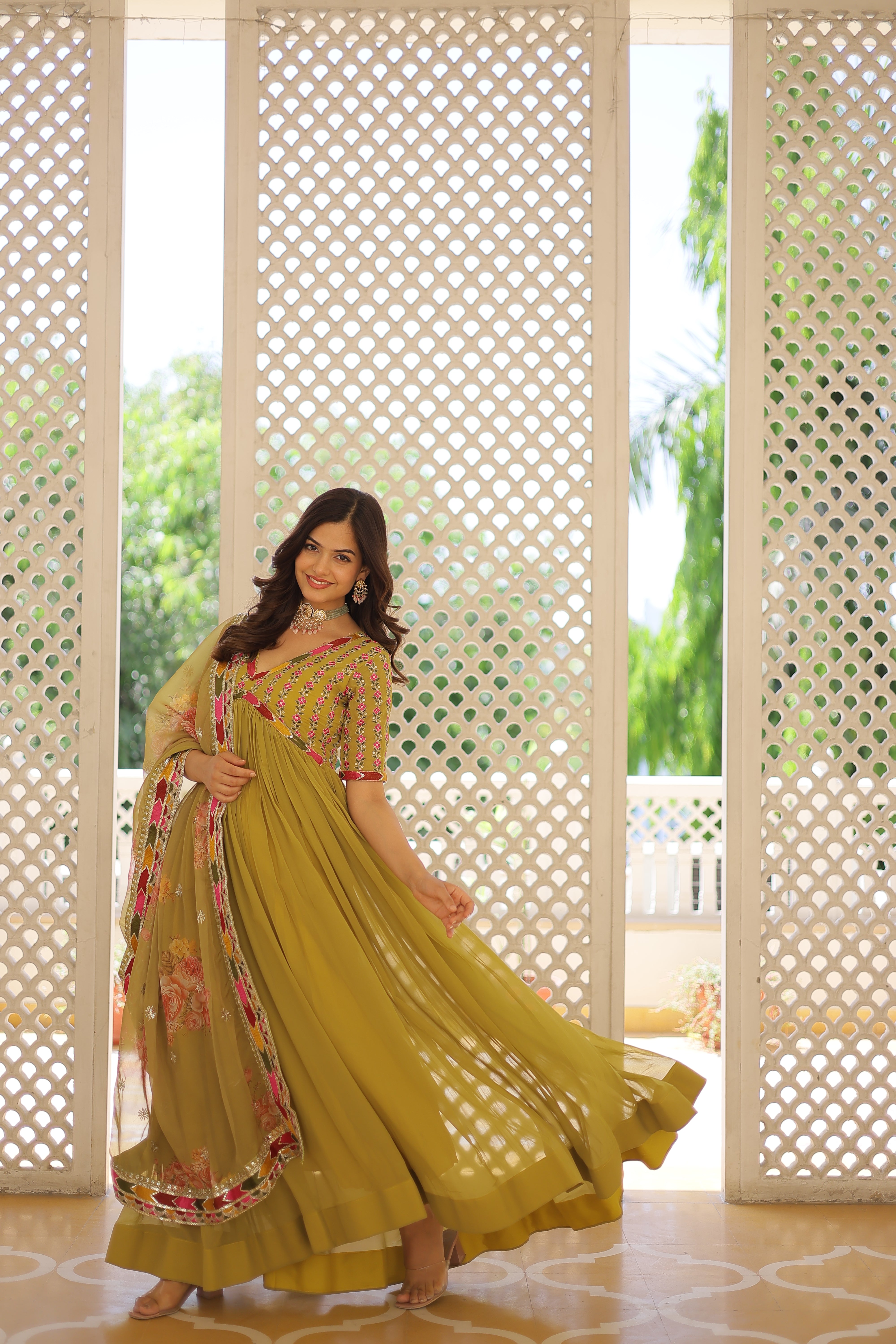 Nakshatra Olive Green Readymade party wear gown