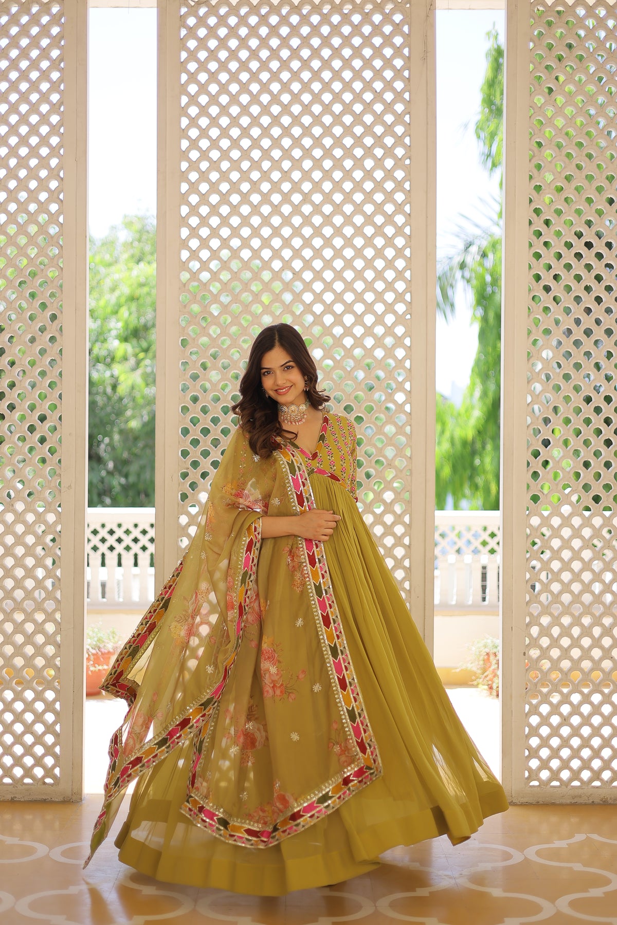 Nakshatra Olive Green Readymade party wear gown