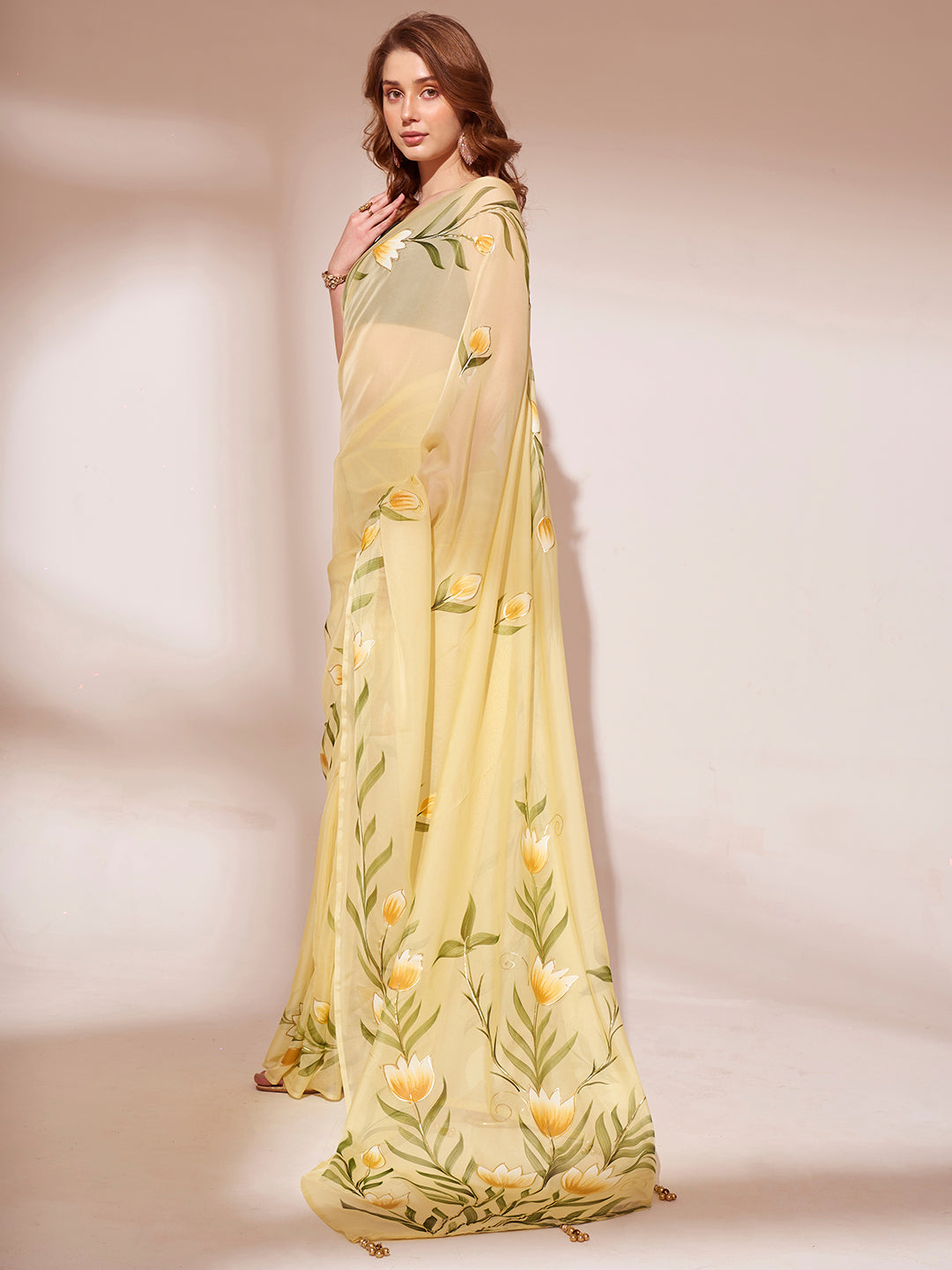 Nakshatra Lemon yellow Printed saree