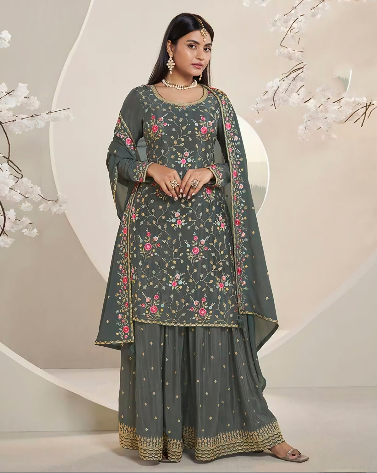 Nakshatra  Olive Green Party wear Sharara suit