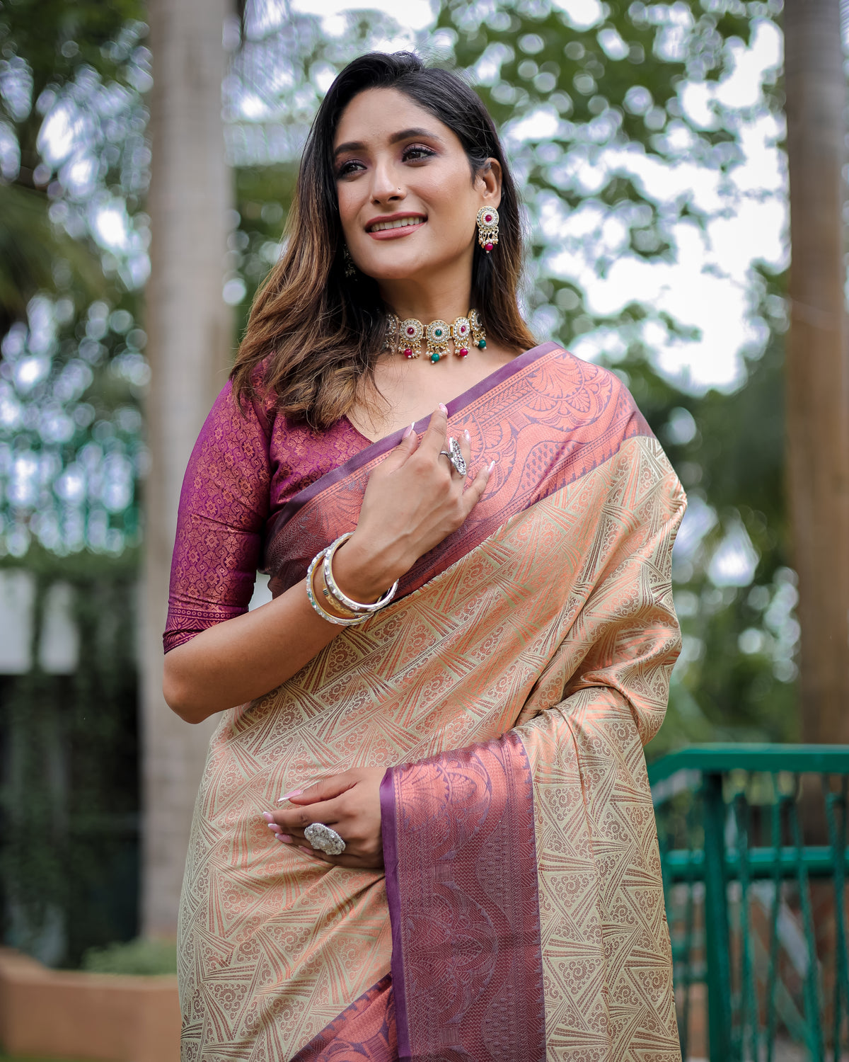 Nakshatra Beige Kanjivaram silk saree