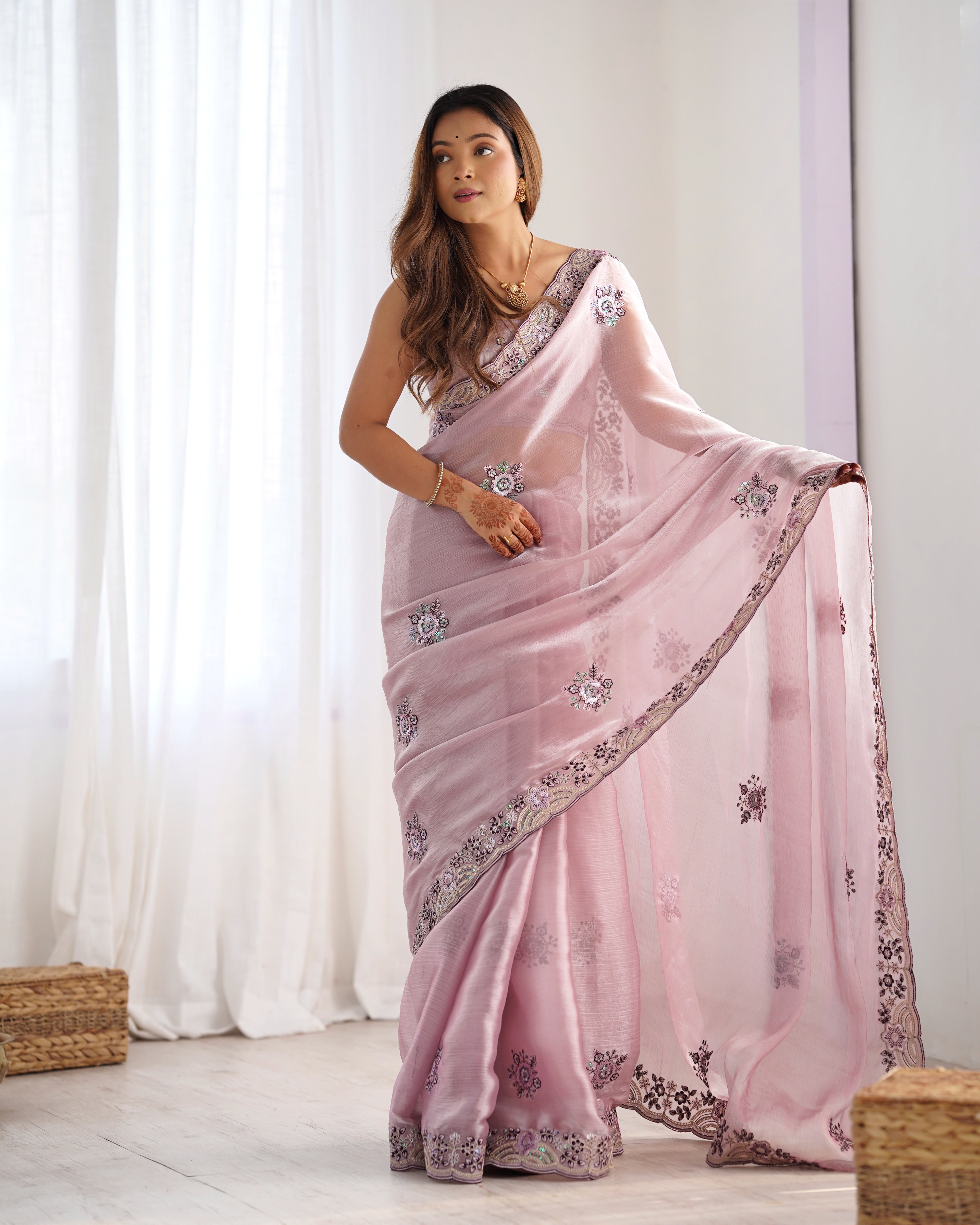 Nakshatra Onion Burburry Silk Saree