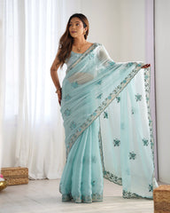 Nakshatra Sky Blue Burburry Silk Saree