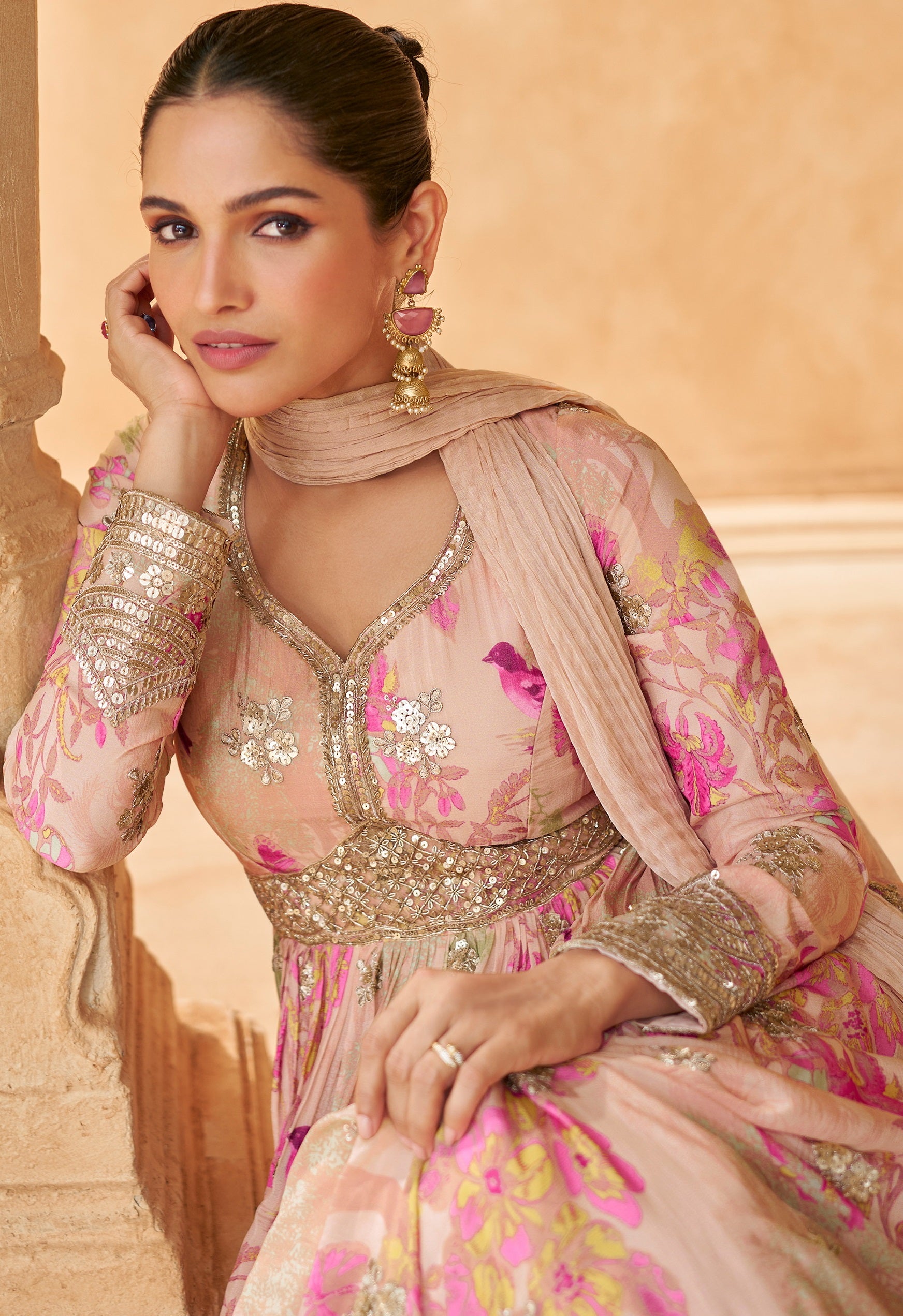 Nakshatra Peach Floral Indo Western Gown