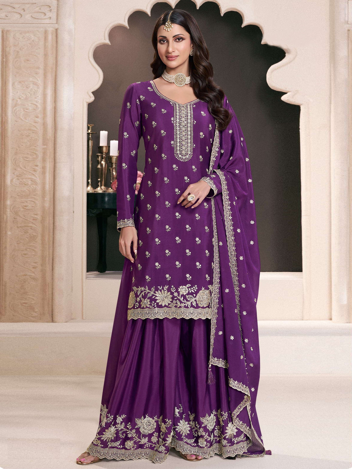 Nakshatra Purple Chinon Sharara Suit