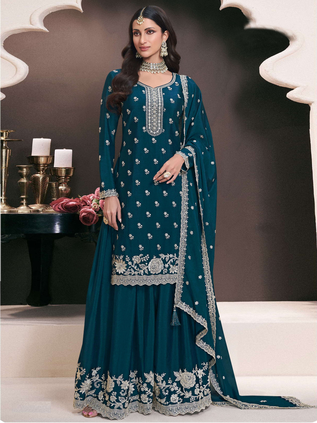 Nakshatra Teal Blue Chinon Sharara Suit