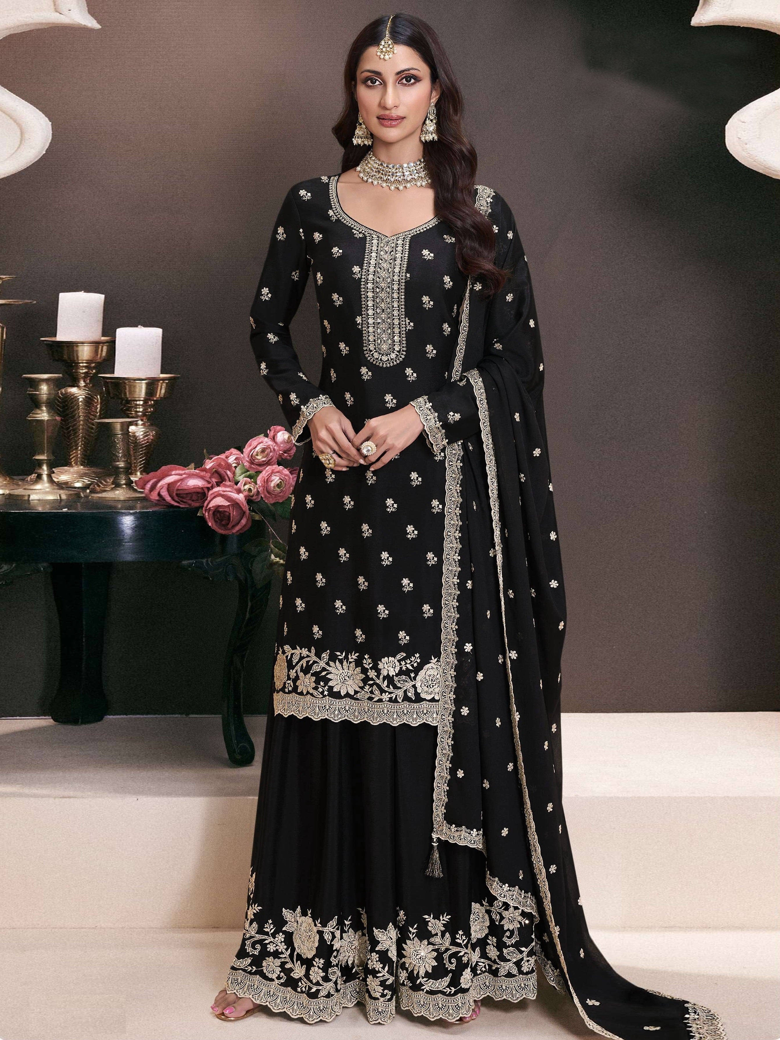 Nakshatra Black Chinon Sharara Suit