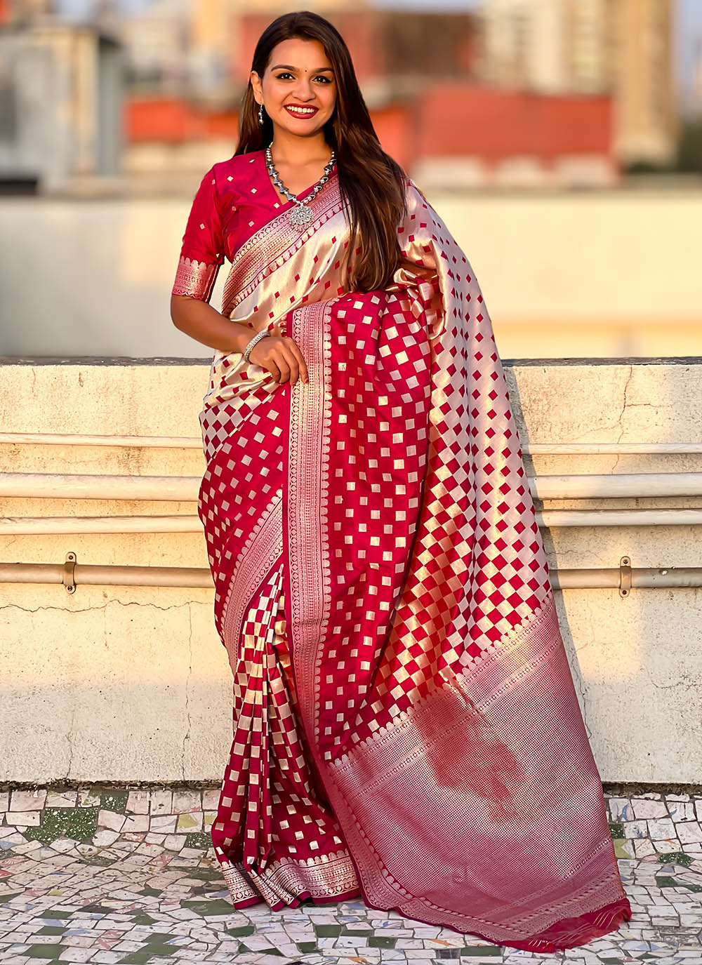 Nakshatra Cherry Silver Zari Silk Saree