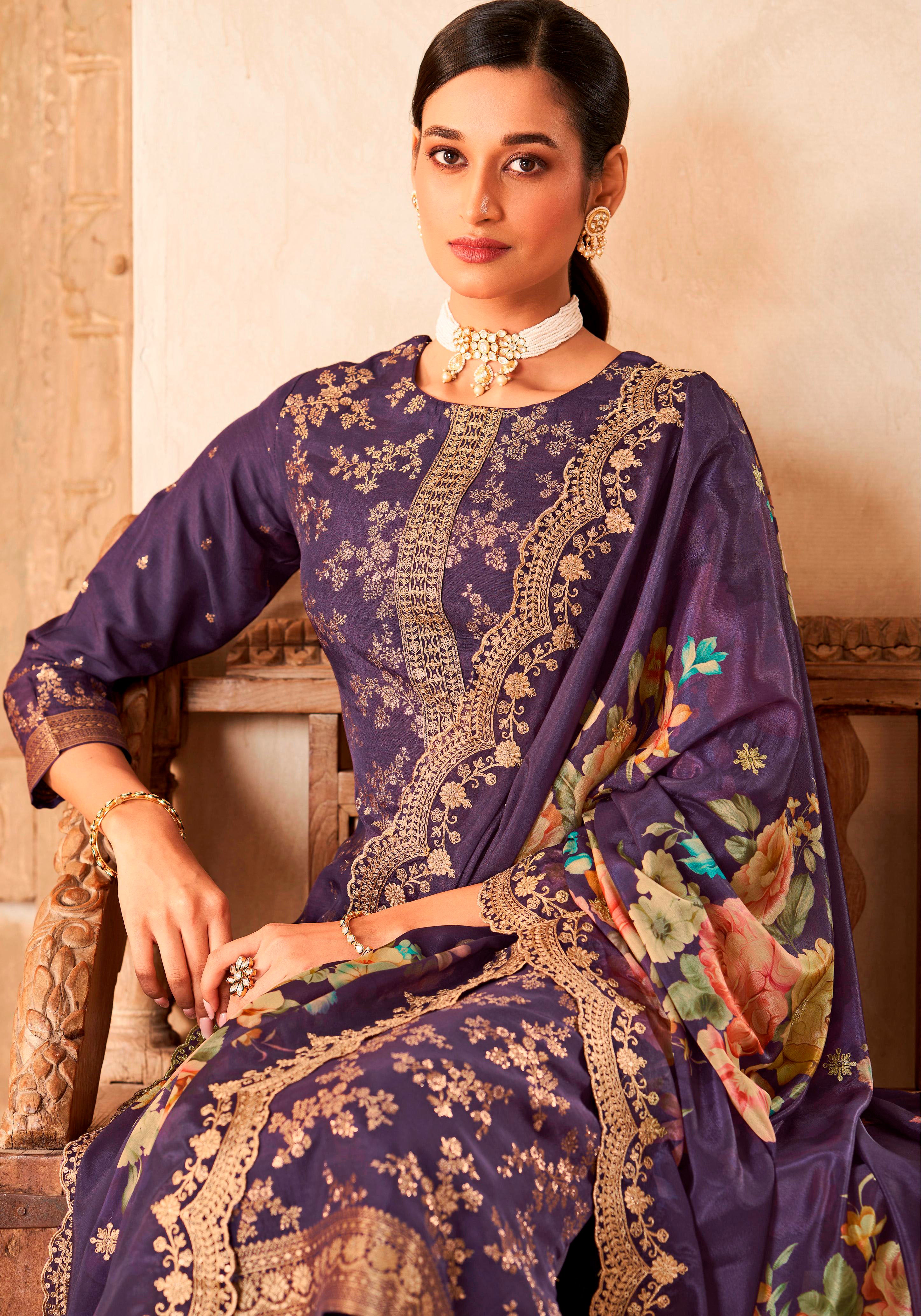 Nakshatra Purple Dola Silk Suit