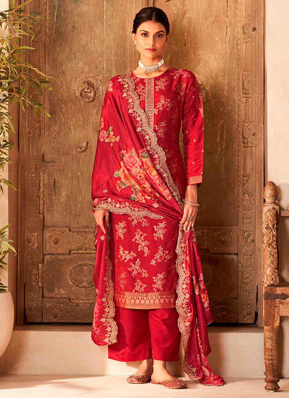 Nakshatra Maroon Dola Silk Suit