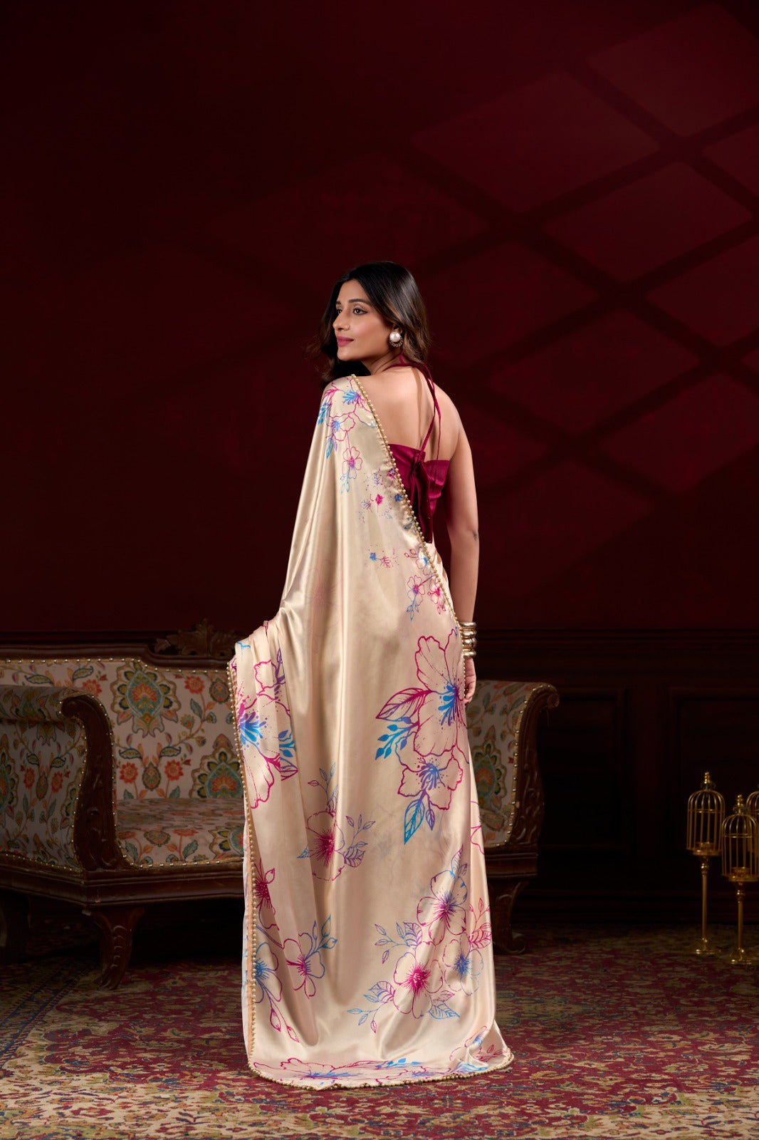 Nakshatra Cream digital Printed Satin Silk Saree