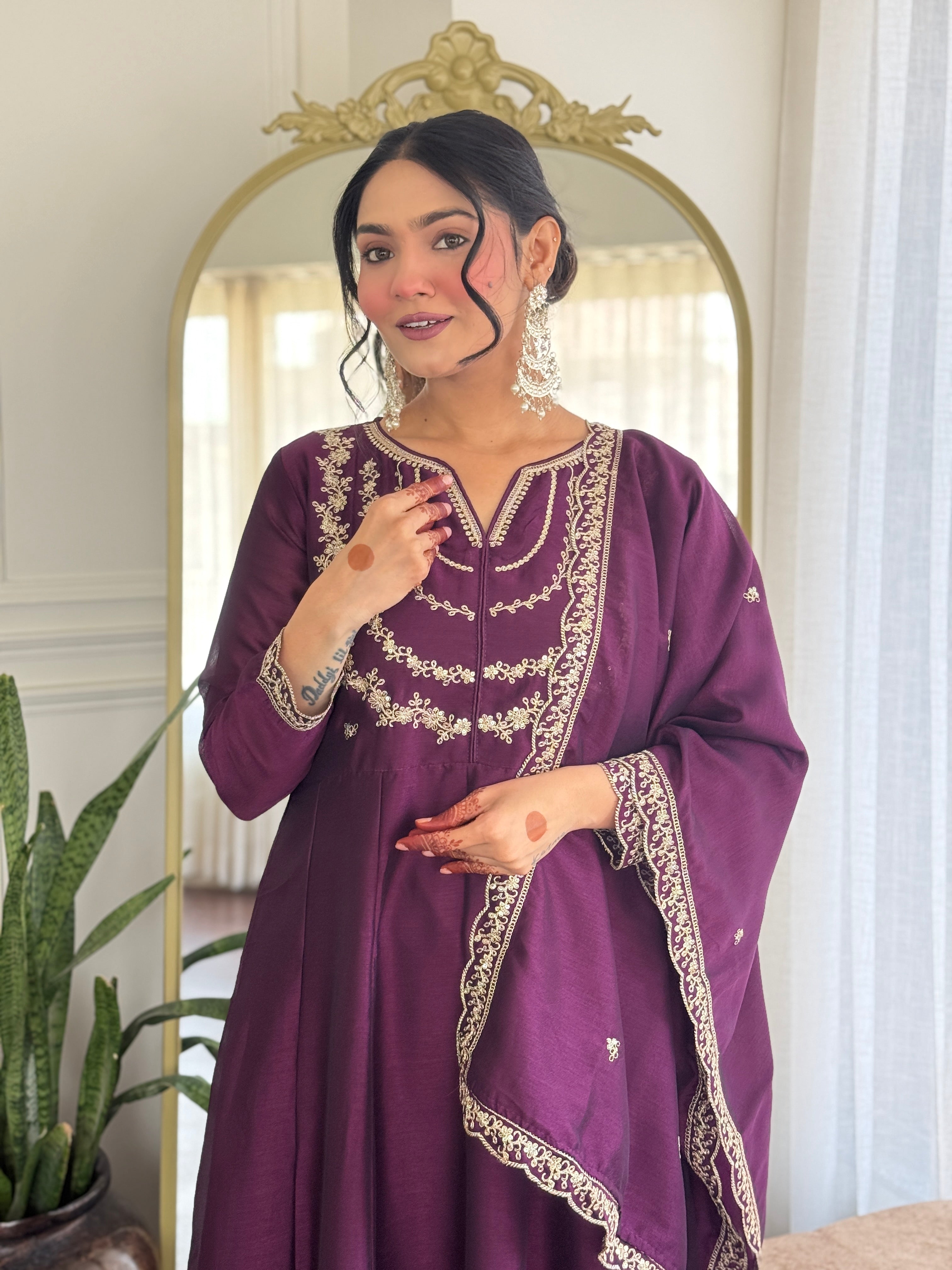 Nakshatra Wine Colored Silk Suit