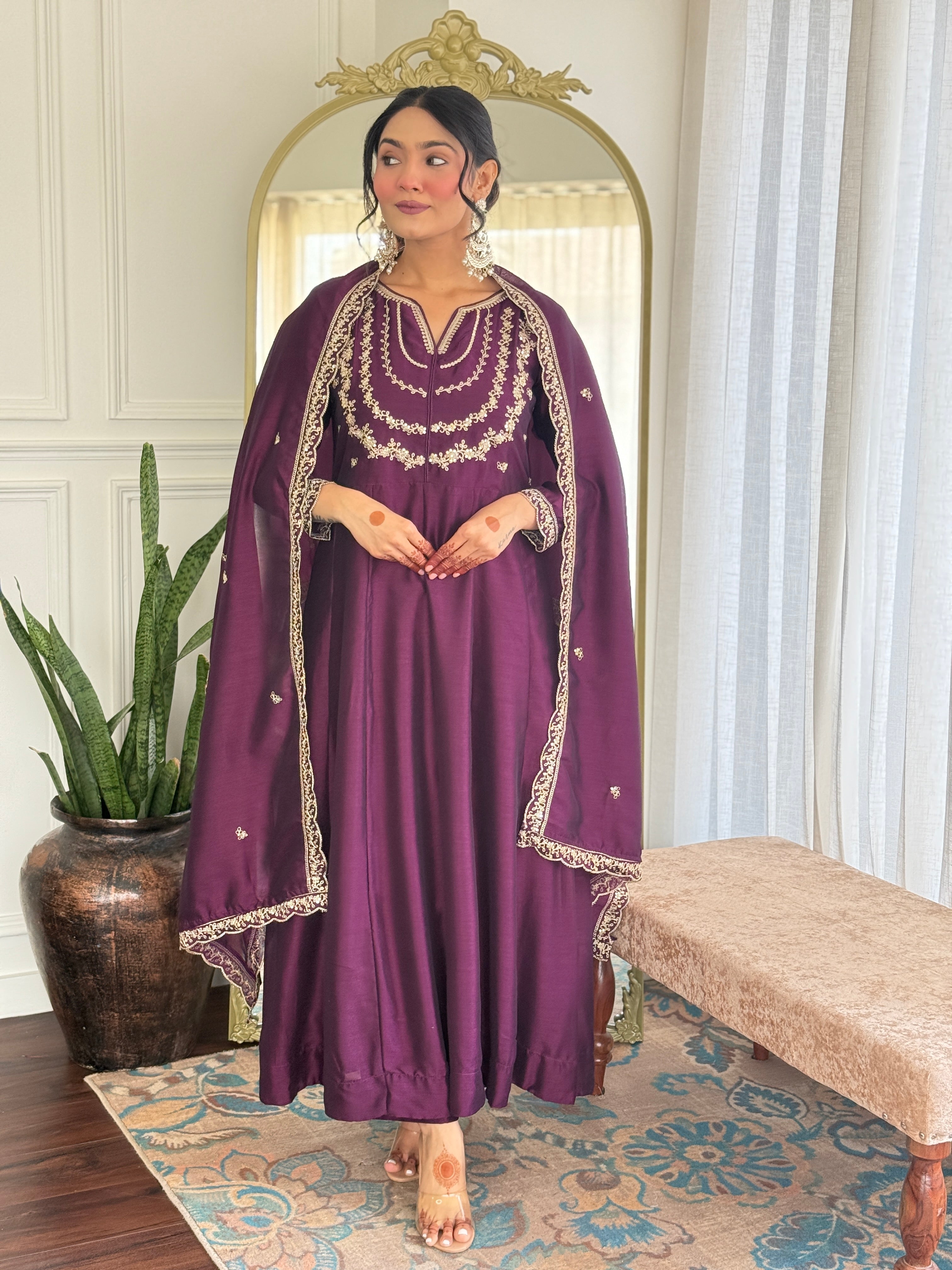 Nakshatra Wine Colored Silk Suit