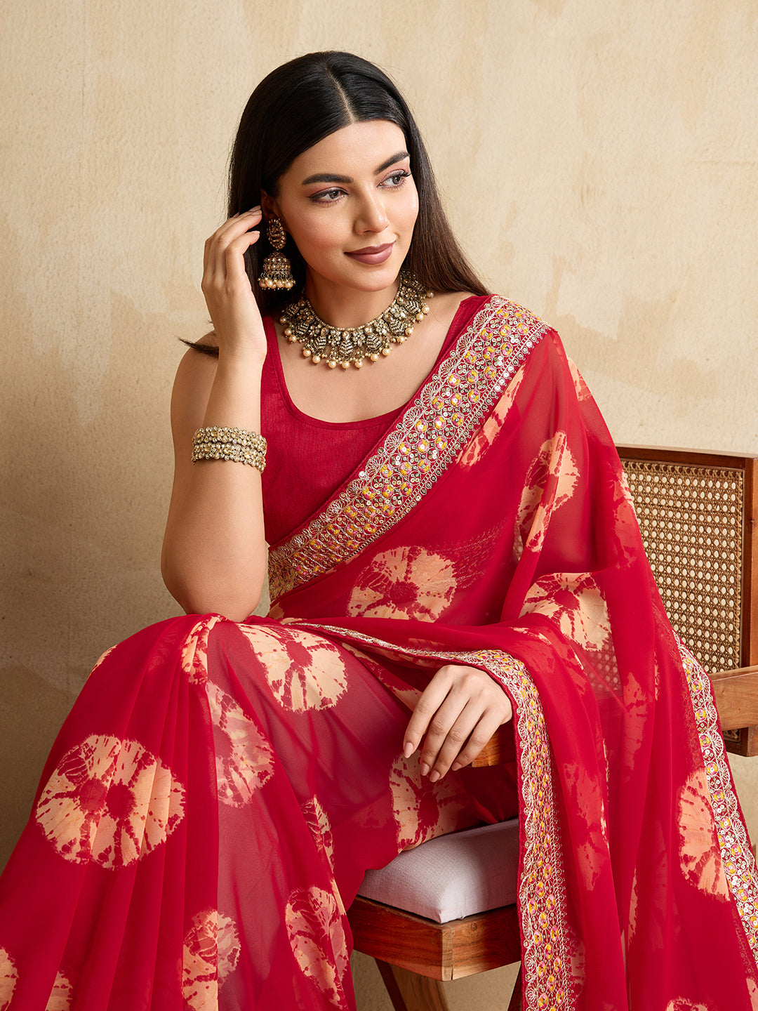 Nakshatra Bandhini Print Red Saree