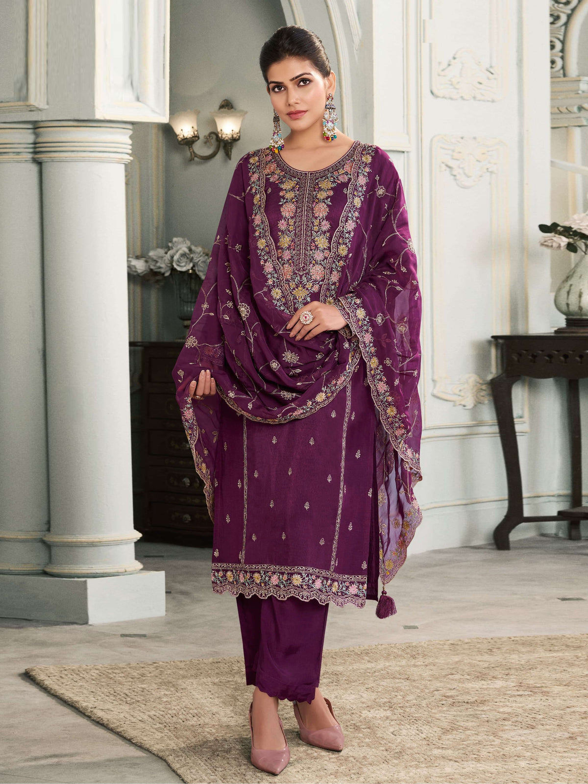 Nakshatra Purple Partywear Silk Suit