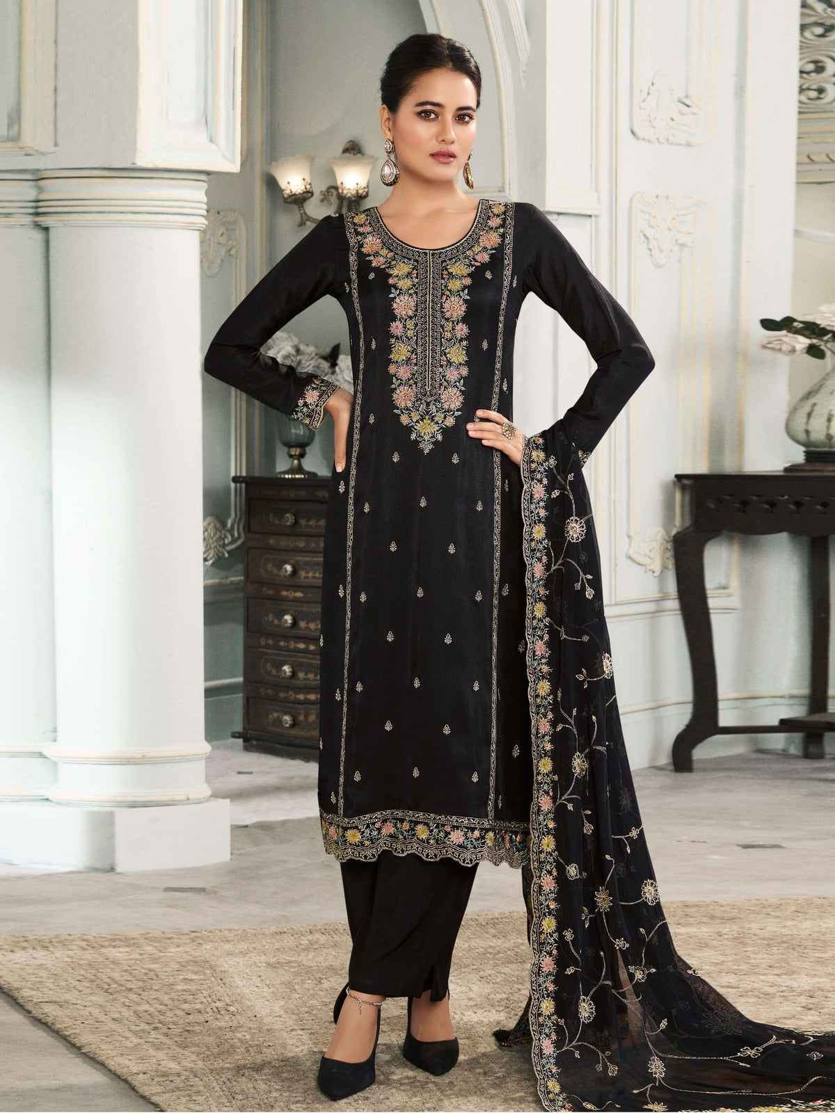 Nakshatra Black Partywear Silk Suit