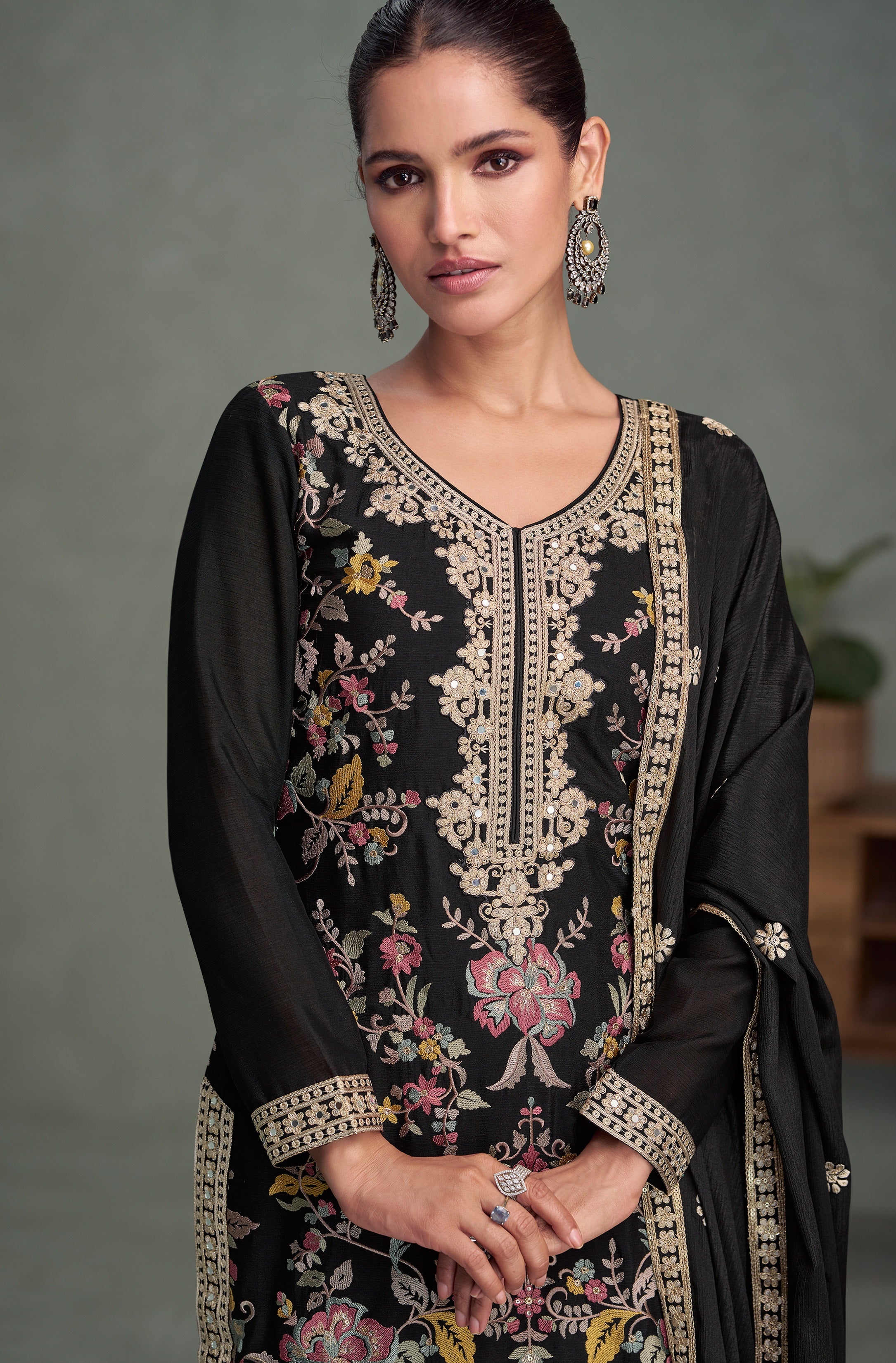 Nakshatra Black Chinon Party Wear Suit