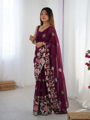 Nakshatra Wine Embroidered Georgette Saree