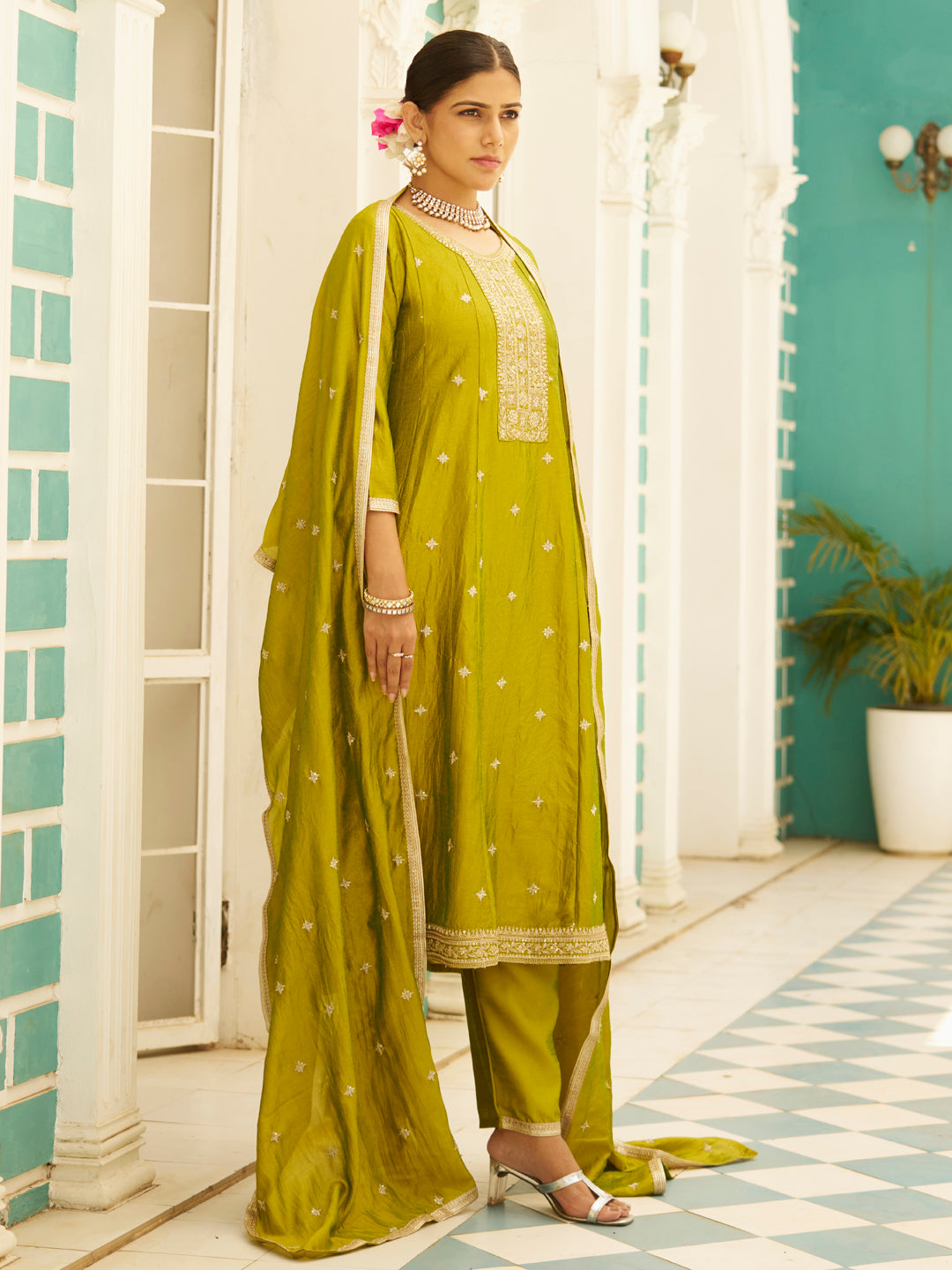 Nakshatra Lime Green Silk Readymade Suit