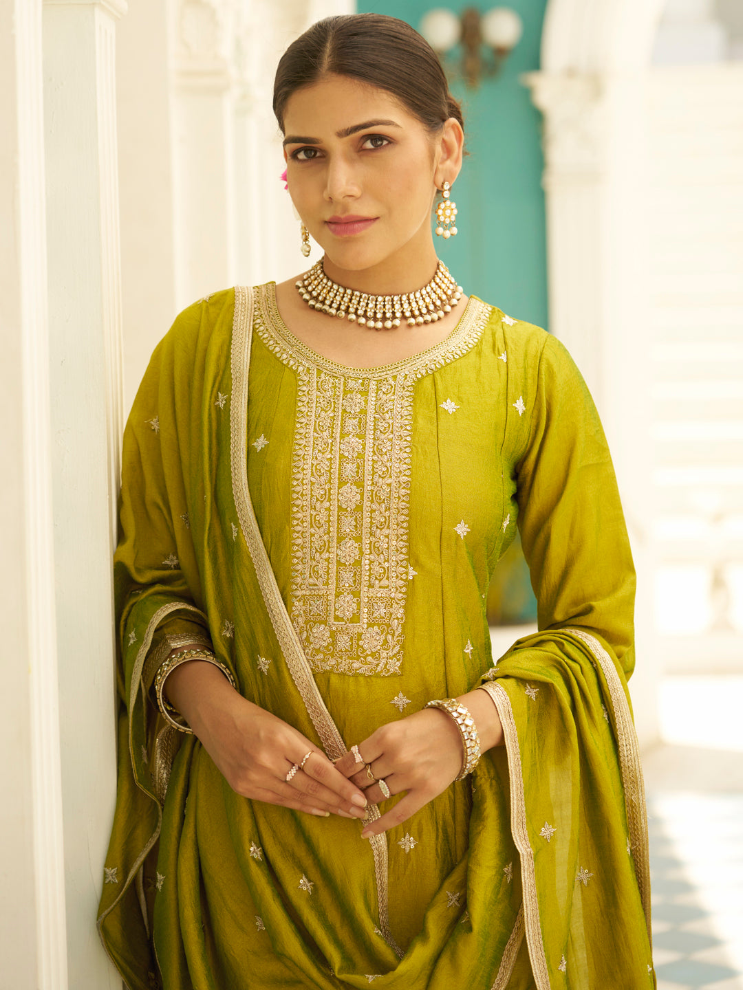 Nakshatra Lime Green Silk Readymade Suit