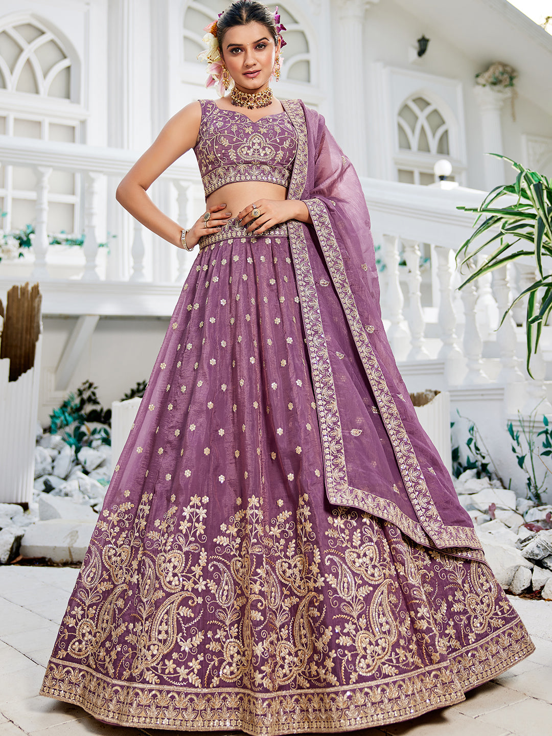 Nakshatra Lavender Organza Tissue Lahenga Choli