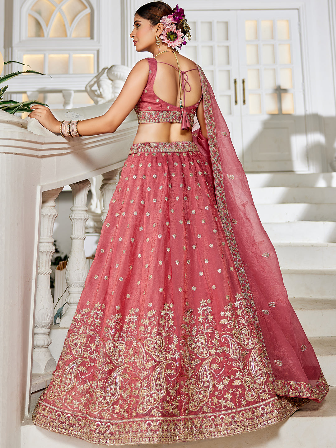 Nakshatra Pink Organza Tissue Lahenga Choli