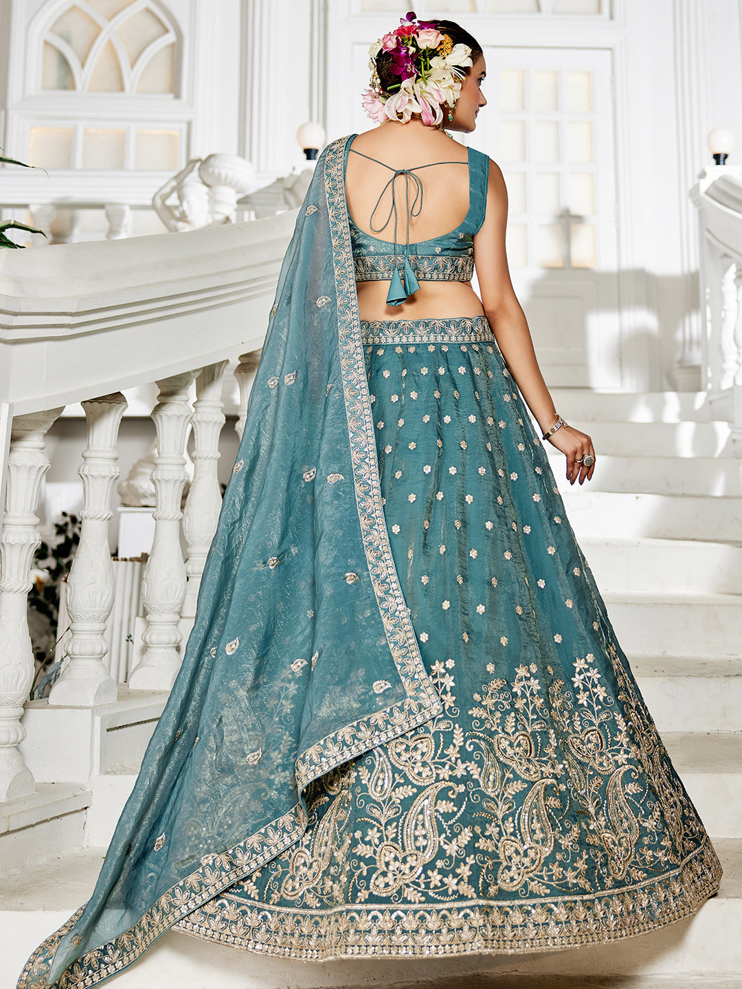 Nakshatra Sea Green Organza Tissue Lahenga Choli