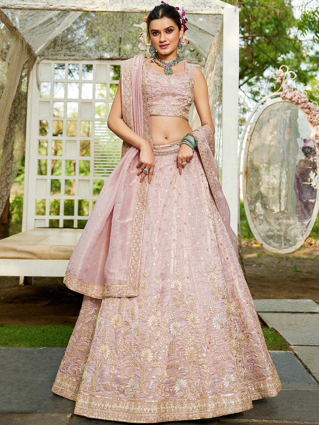 Nakshatra Mauve Organza Tissue Lahenga Choli