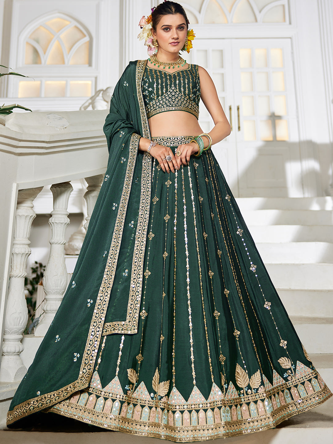 Nakshatra Green Georgette Lehenga Choli with Sequin and Embroidery Work