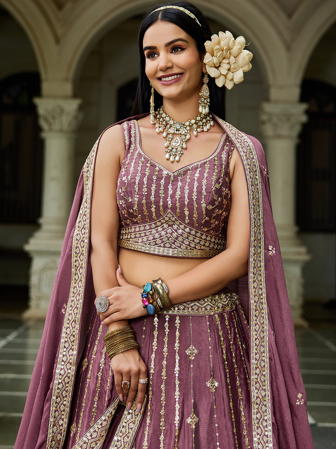 Nakshatra Rose Gold Georgette Lehenga Choli with Sequin and Embroidery Work