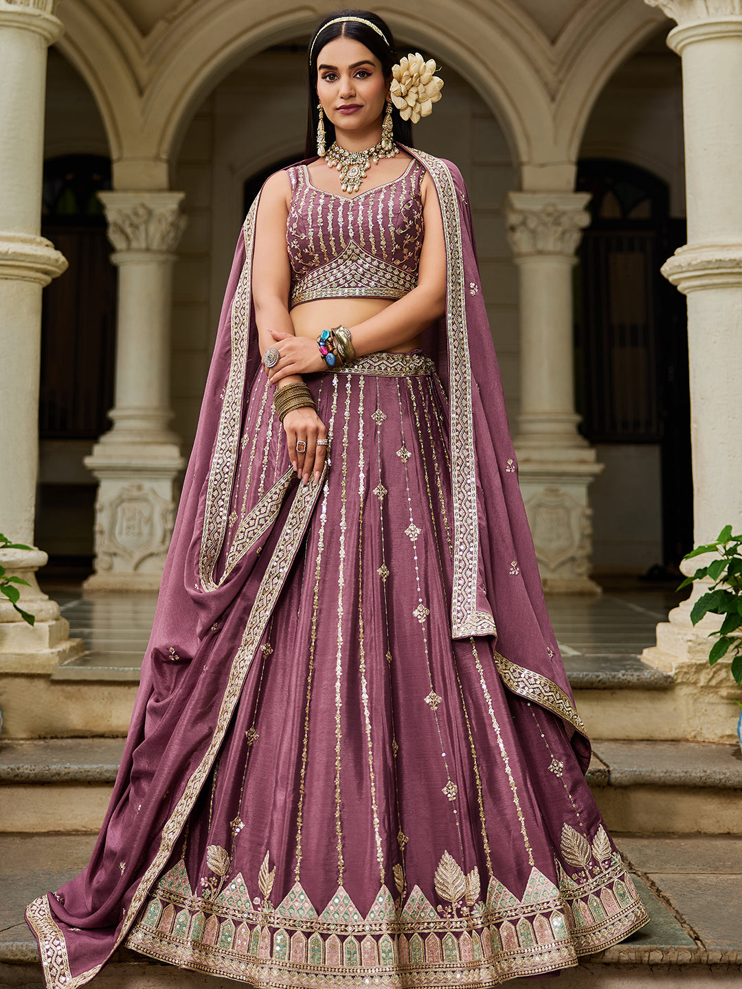 Nakshatra Rose Gold Georgette Lehenga Choli with Sequin and Embroidery Work