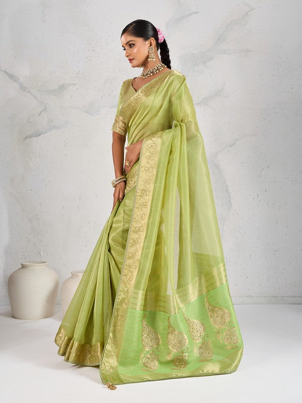 Nakshatra Parrot Green Tissue Linen Saree with Zardosi Handwork & Embellished Pallu