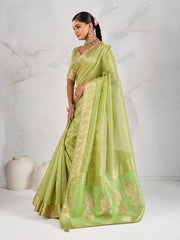 Nakshatra Parrot Green Tissue Linen Saree with Zardosi Handwork & Embellished Pallu