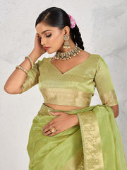 Nakshatra Parrot Green Tissue Linen Saree with Zardosi Handwork & Embellished Pallu