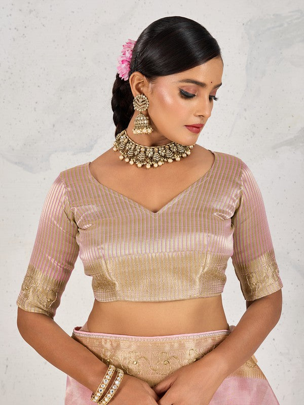 Nakshatra Pink Tissue Linen Saree with Zardosi Handwork & Embellished Pallu