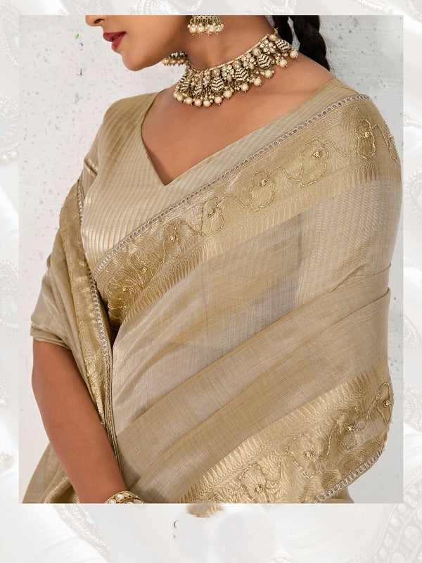 Nakshatra Beige Gold Tissue Linen Saree with Zardosi Handwork & Embellished Pallu
