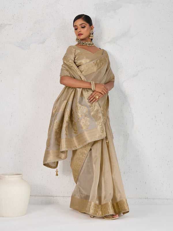 Nakshatra Beige Gold Tissue Linen Saree with Zardosi Handwork & Embellished Pallu